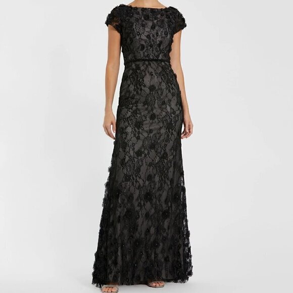 NWOT Mac Duggal 67711 Floral Applique Boat Neck Short Sleeve Gown Black Size 16 - Picture 1 of 13